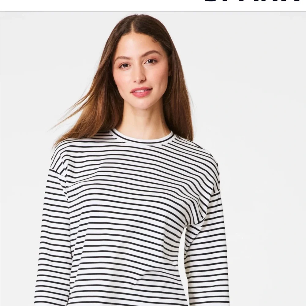 SPANX Black and White Striped Long Sleeve Tee - Picture 1 of 3